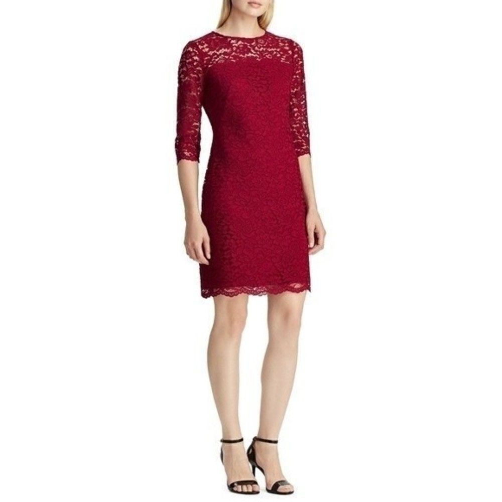 New! RALPH LAUREN Women's Floral Lace Sheath Red Dress Scalloped Hem Size 12